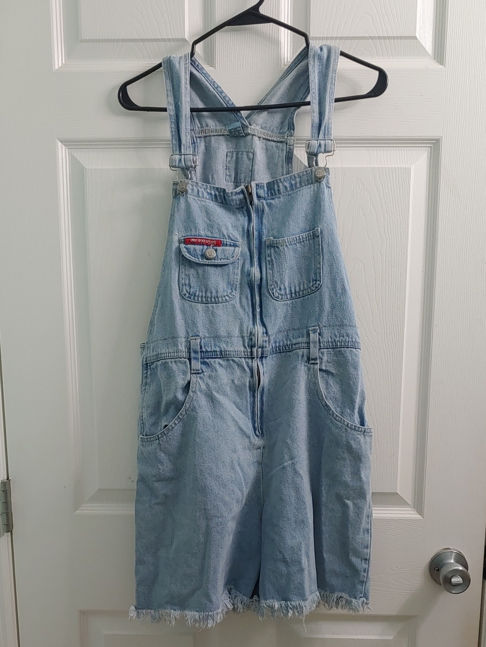 Vintage 90s No Excuses Denim Short Overalls Light Wash Fringe Hems Womens Size L